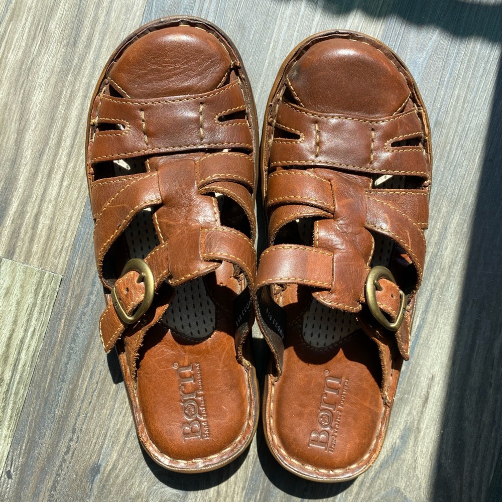 Born Chestnut Leather Buckle Slip-on Sandals